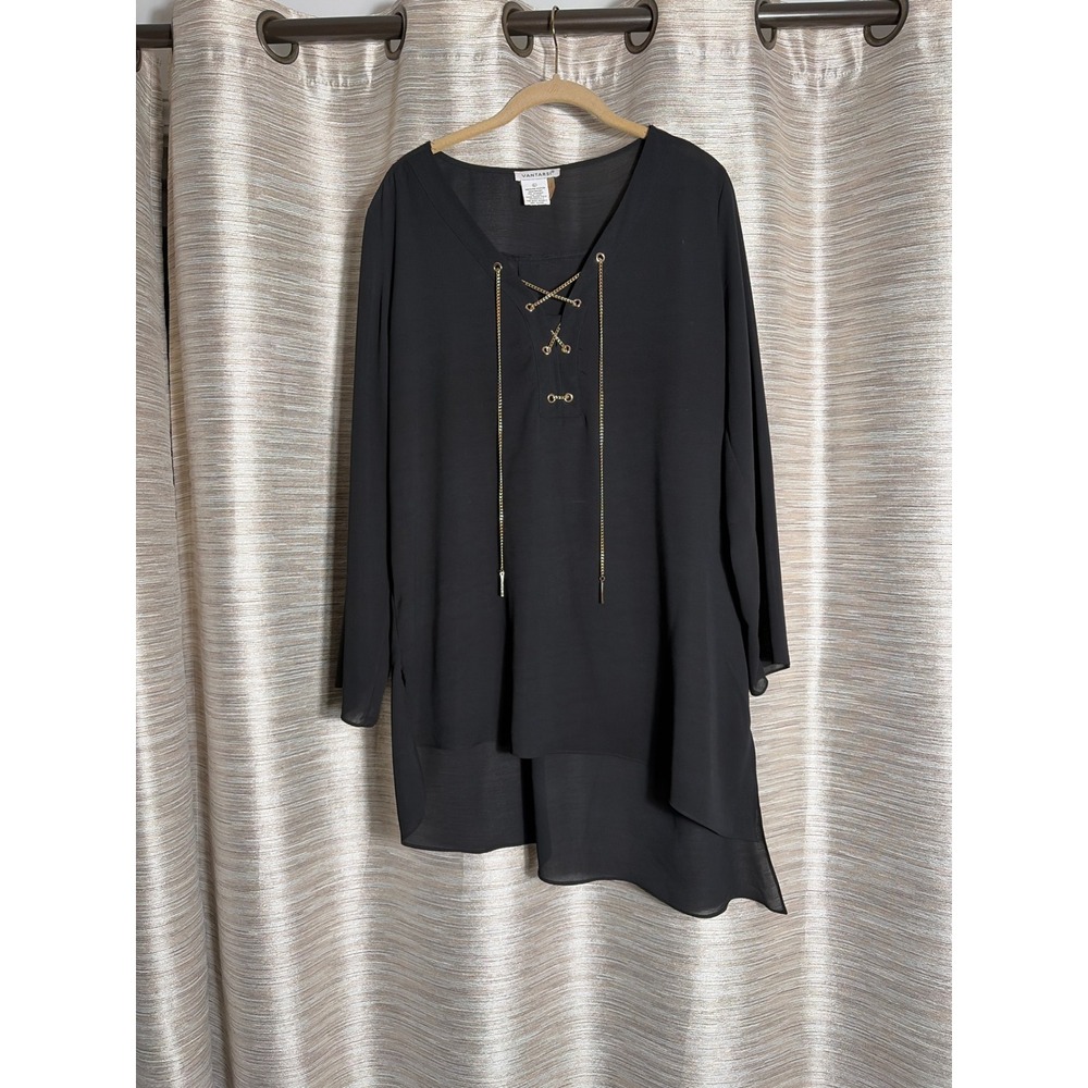 Vantarsi Womens Black Lace Up Gold Chain Tunic Blouse High Low Hem Top Large